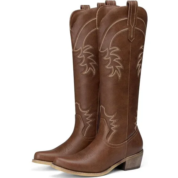 Women's Brown Comfortable Pointed Toe Knee High Cowgirl Boots Chunky Low Heel - Picture 6 of 6